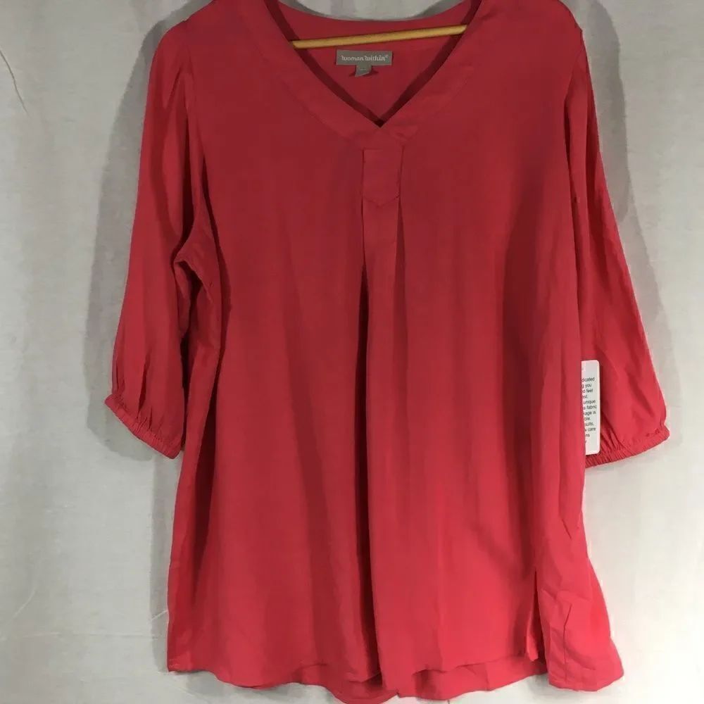 New 14/16 Women Within rose pink v neck 3/4 length sleeves tunic elastic wrist